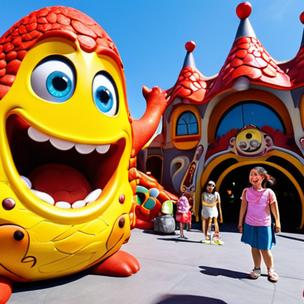 **A bustling scene inside Lava Theme Park:** Focus on the immersive experience. Capture the giant Red and Yellow Larva characters interacting with excited children. Include themed architecture, colorful landscaping, and maybe a glimpse of a ride in the background. The style should be vibrant and joyful, emphasizing the fun atmosphere.