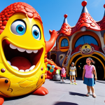 **A bustling scene inside Lava Theme Park:** Focus on the immersive experience. Capture the giant Red and Yellow Larva characters interacting with excited children. Include themed architecture, colorful landscaping, and maybe a glimpse of a ride in the background. The style should be vibrant and joyful, emphasizing the fun atmosphere.