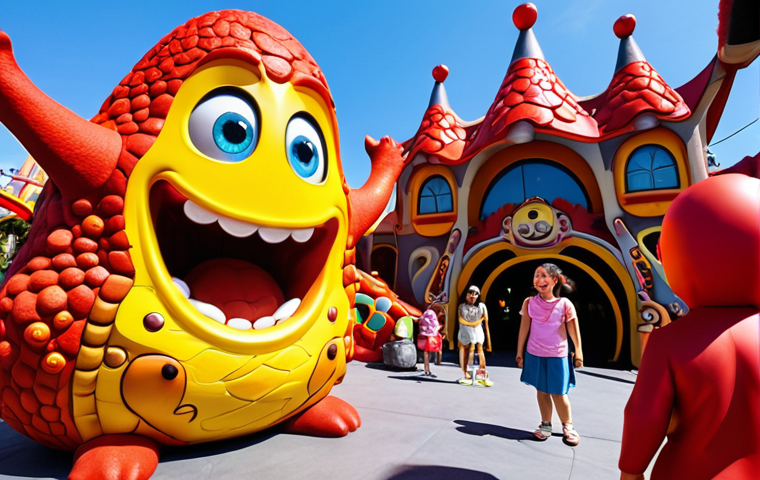 **A bustling scene inside Lava Theme Park:** Focus on the immersive experience. Capture the giant Red and Yellow Larva characters interacting with excited children. Include themed architecture, colorful landscaping, and maybe a glimpse of a ride in the background. The style should be vibrant and joyful, emphasizing the fun atmosphere.